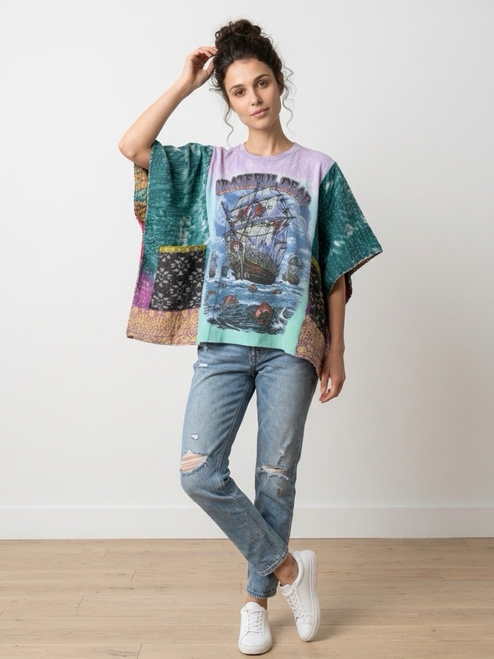 Handcrafted Upcycled Grateful Dead Kantha Tunic with Pockets NWT One Size - Picture 2 of 8